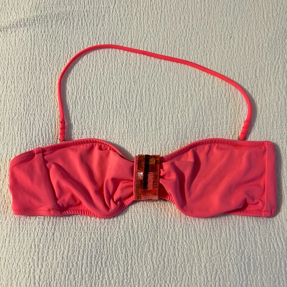 Coral bandeau bikini top with embellishments